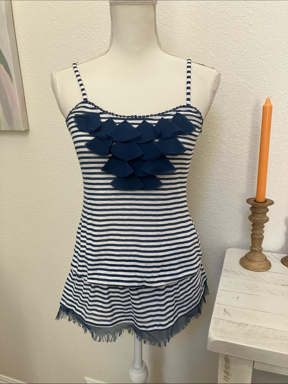 Mine Navy & White Striped Ruffle Tank Top